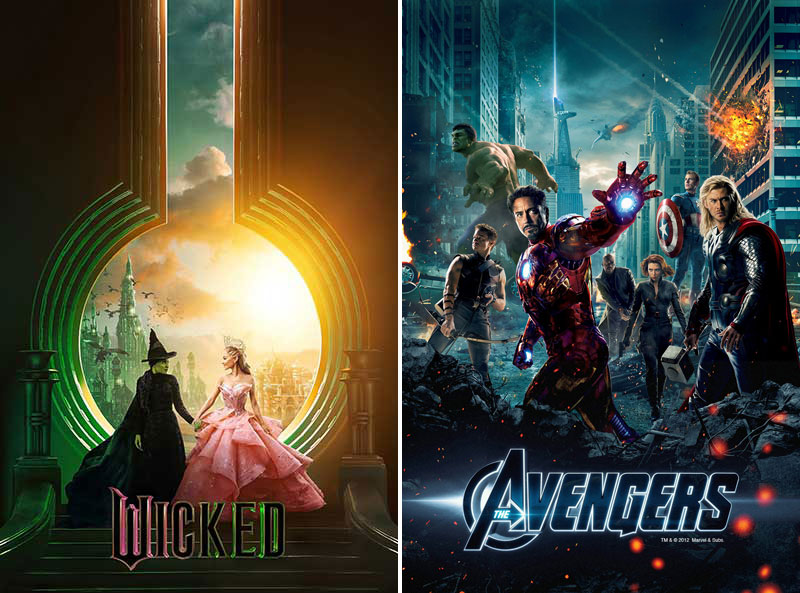 Movie posters for The Avengers and Wicked