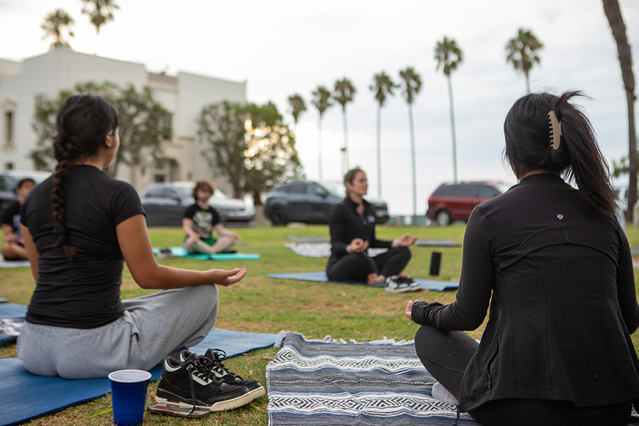 A circle of people meditating on yoga mats in a grassy area with palm trees and the bluff in the distance