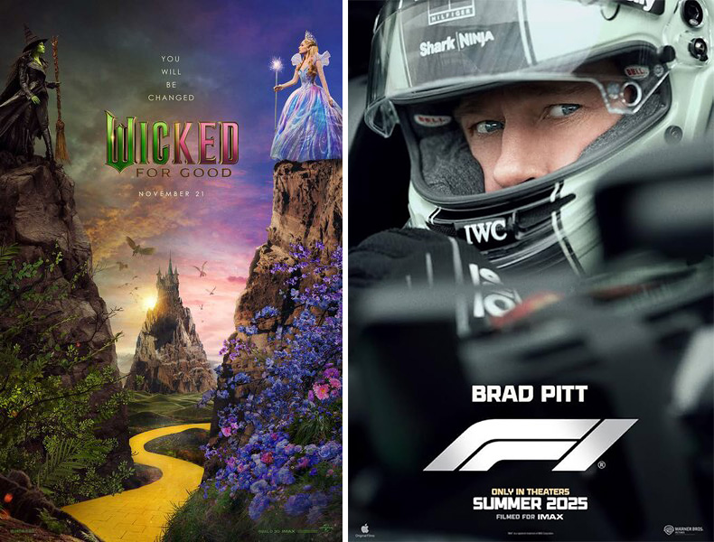 Movie posters for the featured movies F1 The Movie and Wicked For Good
